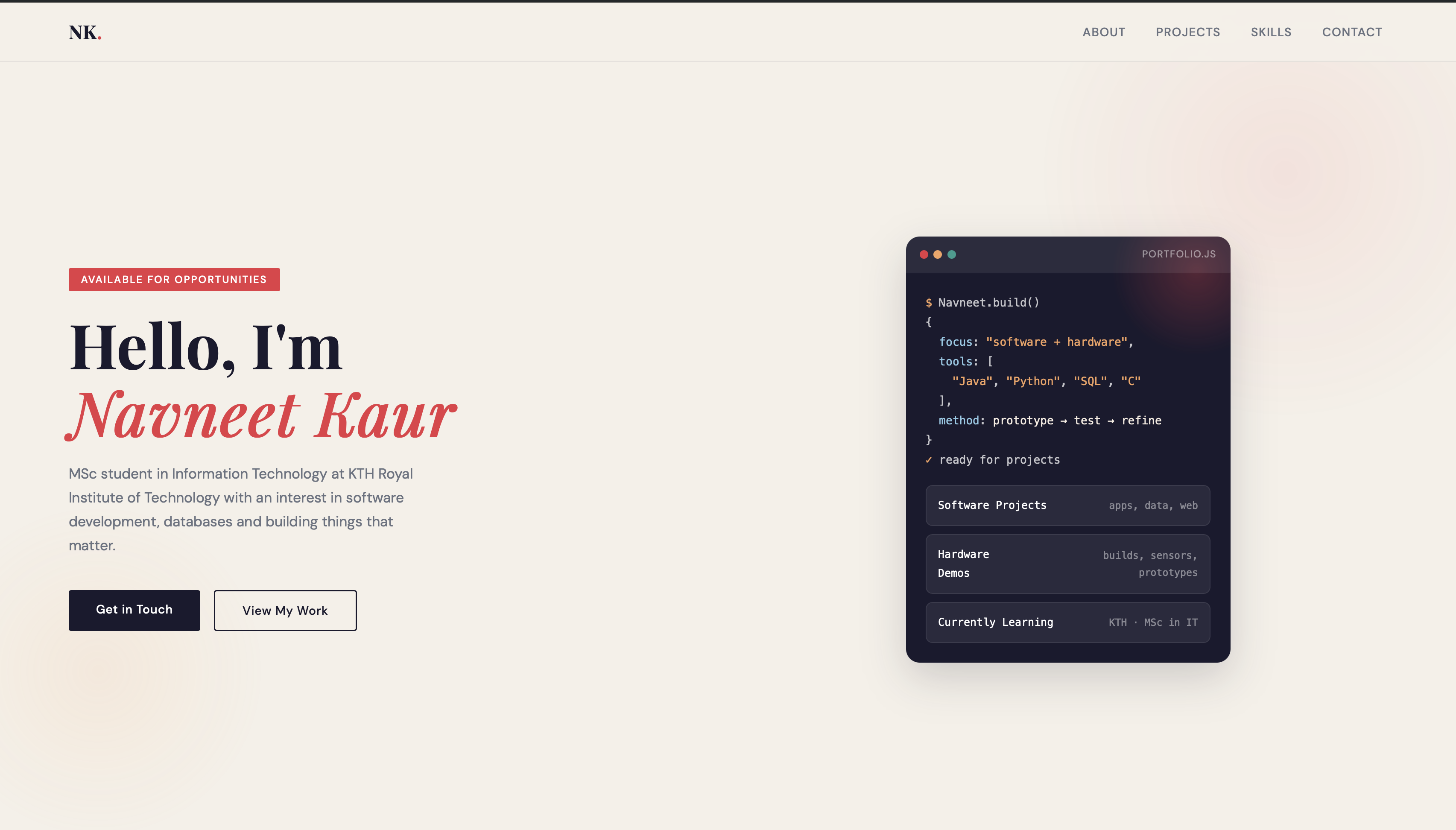 Portfolio v1 homepage introducing Navneet Kaur alongside a code-inspired project summary