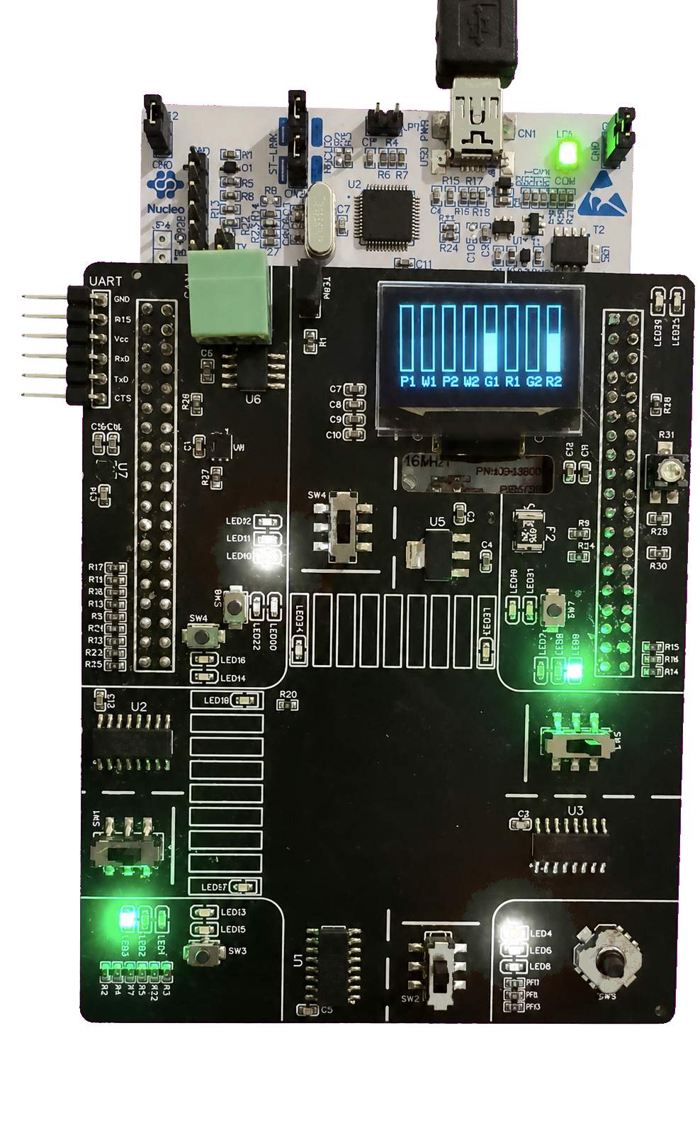 Complete STM32 traffic light controller with shield, LEDs, and OLED display